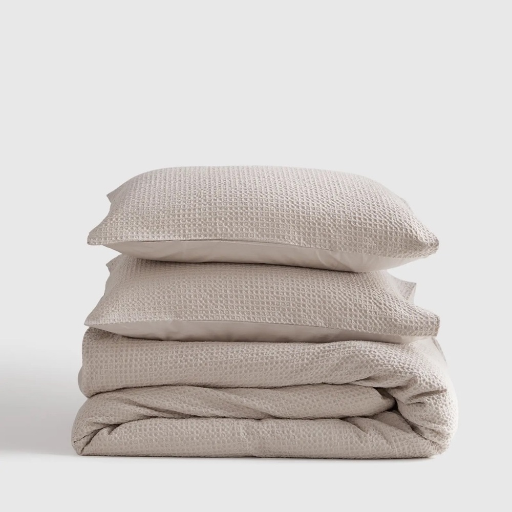NWT QUINCE Organic Luxe Waffle Duvet Cover Set - Sand - King/Cal King